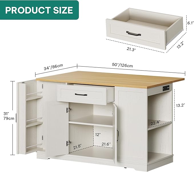 YITAHOME 50" Kitchen Island with Power Outlet & Drop Leaf, Rolling Island Cart with Trash Can Cabinet, Mobile Storage Islands with Microwave Rack, Door Storage Spice Rack, Retro White
