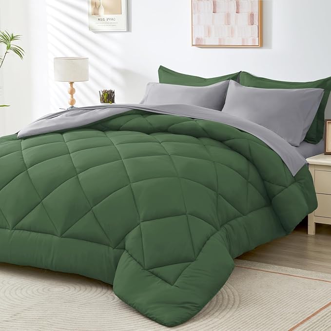 HEVUMYI Cali-King Comforter Set - 7-Piece All Season Bed in a Bag Cali-King, Ultra Soft Bedding Set with Comforter, Flat Sheet, Fitted Sheet, Pillowcases, Pillow Shams, Green & Light Grey