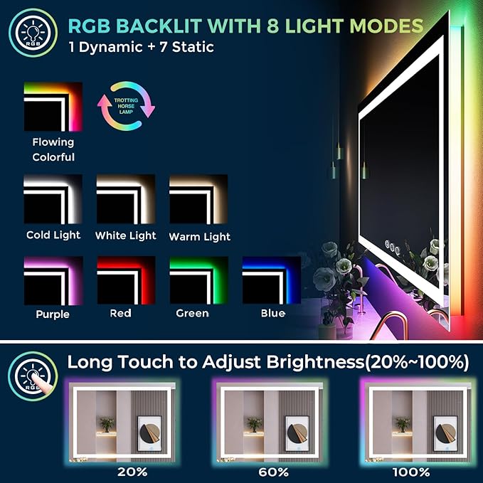 57x36 Inch RGB LED Bathroom Mirror Front Light and RGB Backlit Lighted Vanity Mirror for Bathroom Wall Mounted Dimmable Anti Fog Memory Shatter-Proof IP54 Waterproof Horizontal/Vertical
