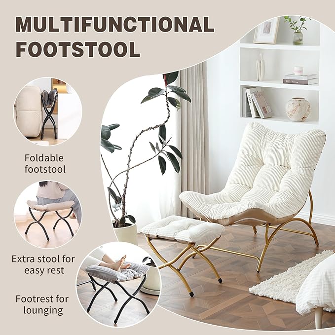 Welnow Accent Chair with Ottoman, Lounge Comfy Soft Leisure Metal Frame Reading Chair with Footrest, Upholstered Thick Cushion Seated Recliner Sofa for Living Room, Bedroom, Dorm, Light Grey