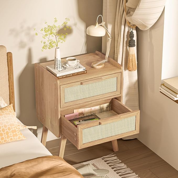 Lerliuo Rattan Nightstands Set of 2, Boho Night Stand with 2 Drawers, Cane Accent Side End Table, Bedside Table with Solid Wood Legs for Bedroom, Dorm and Small Spaces (Natural)