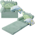 Dinosaur Kids Couch Fold Out 2-in-1 Toddler Sofa Fold Out with Blanket, Soft Toddler Chair Comfy for Boys Girls Baby, Convertible Sofa to Lounger for Napping Reading Playing Christmas, Green