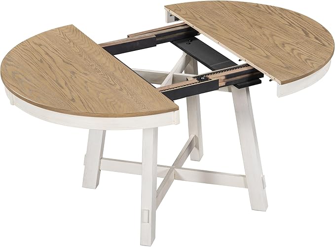 Farmhouse Round Dining Table for 4, Extendable Circle to Oval Wooden Tabletop for 6 with 16" Removable Leaf, X-Shape Trestle Base for Home, Kitchen, Dining/Living Room, Apartment