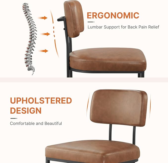 Dining Chairs Set of 4, Upholstered Modern Kitchen Chairs with Ergonomic Backrest, Faux Leather Cushion Seat & Metal Legs for Living Room, Restaurant, and Café, Brown, 2 Boxs