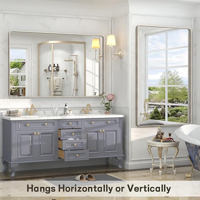 40x36 Inch Brushed Nickel Bathroom Mirror, Brushed Silver Metal Framed Wall Mirror, Rounded Corner Rectangle Modern Vanity Mirror, Tempered Glass, Anti-Rust, Shatterproof (Horizontal/Vertical)