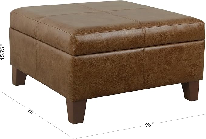 Homepop Home Decor | K2380-YDQY-2 | Luxury Large Faux Leather Square Storage Ottoman | Ottoman with Storage for Living Room & Bedroom, Brown