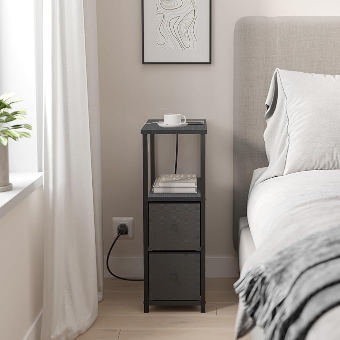TUTOTAK Small Narrow End Table with Charging Station, Set of 2, Side Table with Outlets, Nightstand with 2 Cloth Drawers, Couch Table, for Living Room, Bedroom, Bedside, Black TB01BK055