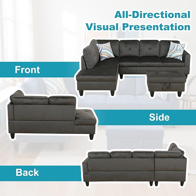 L Shaped Couch Modern Sectional Couch Upholstered Flannel Fabric 3 Pieces Sofas for Living Room with Chaise, Storage Ottoman for Office and Small Apartment, Grey