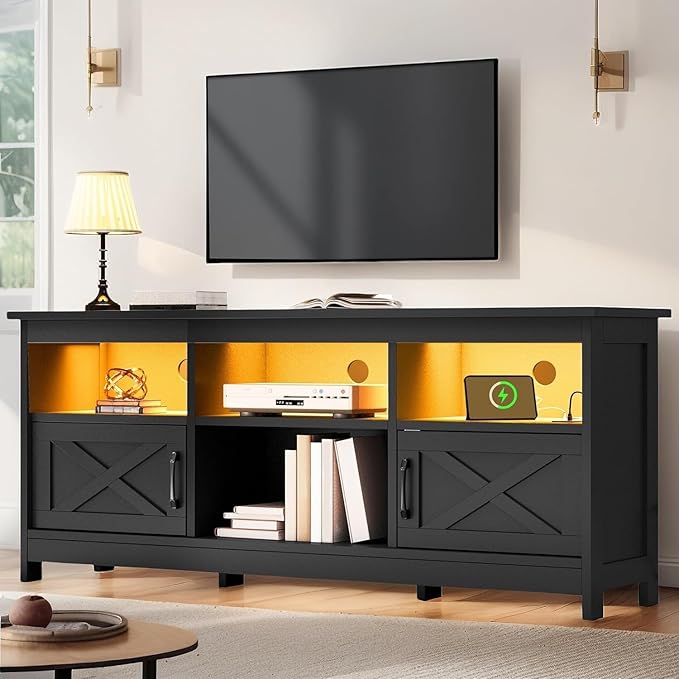 YITAHOME TV Stand for 65 Inch TVs, Entertainment Center with Storage Cabinets, Power Outlet & LED Light, Media TV Console with Barn Doors for Living Room, Black