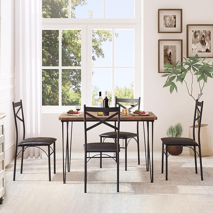 VECELO 5-Piece Dining Table Set for Home Kitchen Small Space Breakfast Nook, 4 Faux Leather Metal Frame Chairs, Retro Brown