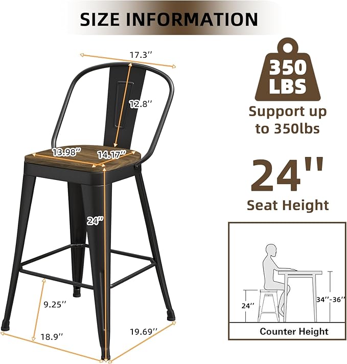 Metal Bar Stools Set of 4, High Back Bar Stools with Wooden Seat, 24 inch Black Barstools for Kitchen Island