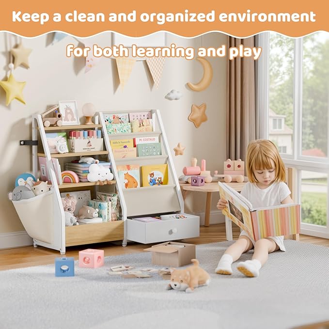 Kids Bookshelf and Toy Storage - Book Shelf for Kids Rooms, Toddler Bookshelf Baby Bookcase for Nursery, Montessori Toy Organizer, Burlywood