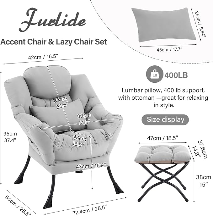 Lazy Chair with Ottoman, Modern Lounge Chair with Lumbar Pillow, Accent Cozy Reading Armchair and Folding Footstool for Bedroom, Dorm, Living Room,Light Grey
