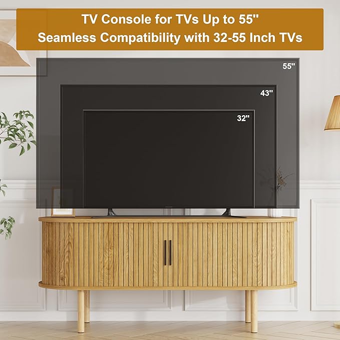 GarveeHome 47.2" TV Stand, Modern TV Console Table with Storage Compartment and Sliding Door, Gaming Entertainment Center with Cabinet for Living Room, Bedroom, Office, Oak