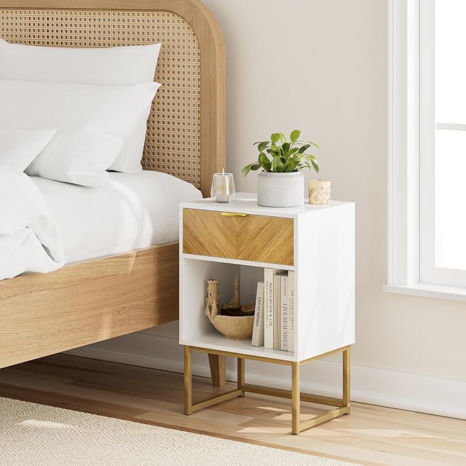 Masupu Nightstand,Modern Night Stand Boho Farmhouse Wood Bedside Table with Storage Drawer Side End Table for Bedroom,Living Room,Office,White