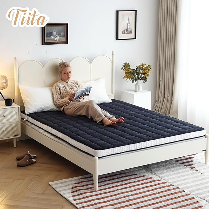 Tiita Japanese Floor Mattress, 4” Thicken Futon Mattress with Storage Bag and 2 Straps， Twin Size Sleeping Tatami Mat for Adults，Black
