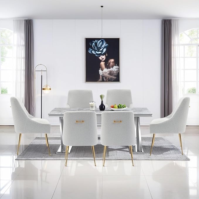 Dining Chairs Medieval Modern Restaurant Chairs, Soft Cushions, Teddy Velvet, Polished Gold Metal Legs, Kitchen Chairs, Living Room White 2-Piece Set