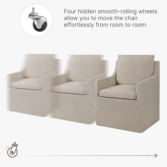 Upholstered Dining Chairs with Casters Easy Assembly Side Deskchair with Rollers for Diningroom, Living Room, Khaki, 2 Box