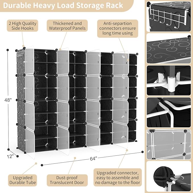Portable Shoe Rack with Door, 64 Pairs Cabinet Easy Assembly, Plastic Adjustable Shoe Storage Organizer Stackable Detachable Free Standing DIY Expandable 8 Tier Black