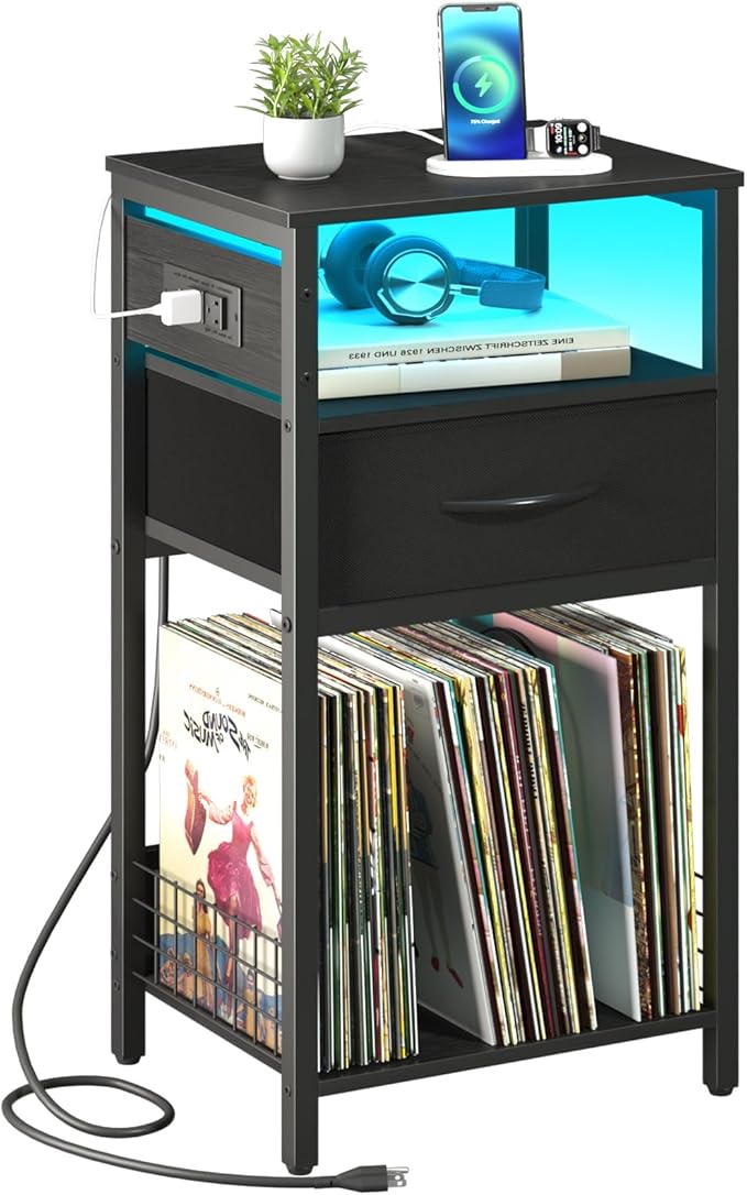 Yoobure Side Table - Night Stand with Charger Station & LED Light, 3 Tier Small End Table Living Room, Bedside Table with Drawer, Record Player Stand with Vinyl Storage, Black Nightstand for Bedroom
