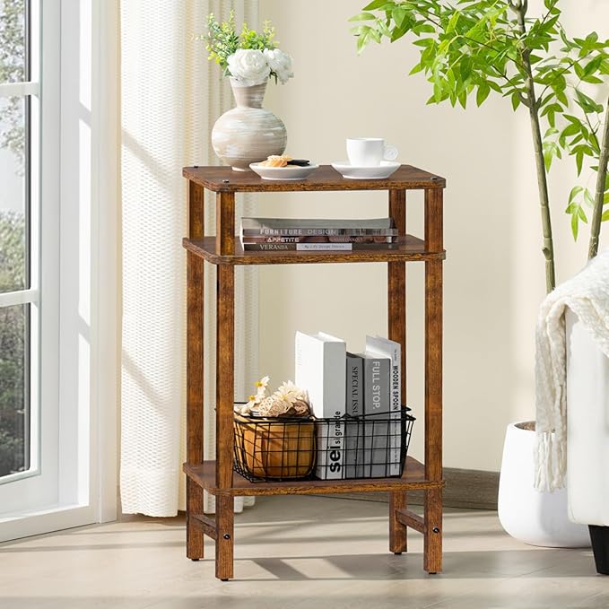 28in Tall Side Table 3-Tier Small Narrow End Table for Couch, Skinny Nightstand for Small Space, Farmhouse Slim Night Stand with Storage, Wooden Frame Thin Bedside Table, for Living Room, Brown