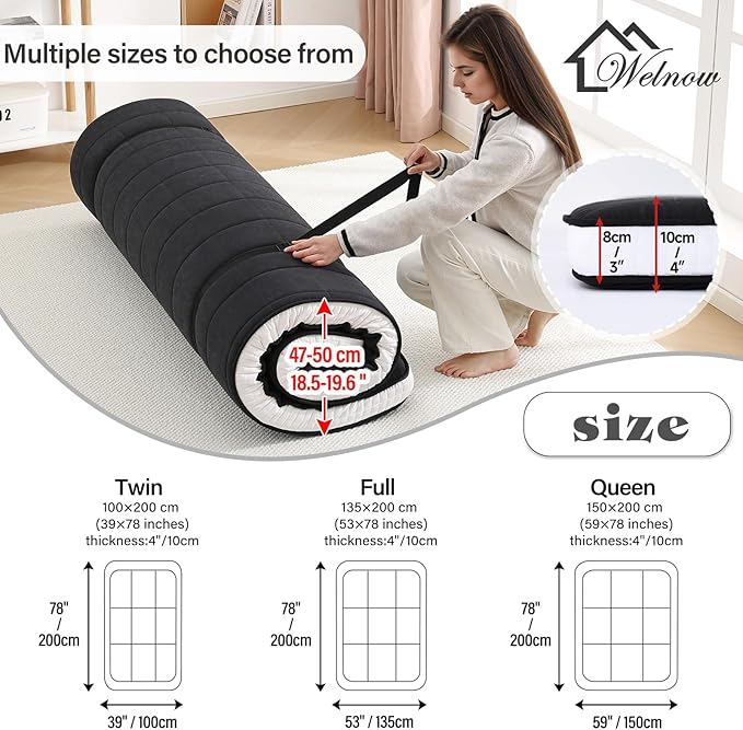 Welnow Japanese Futon Floor Mattress, Full Size Thick Tatami Mat Portable & Foldable Roll Up Floor Bed Mattress with Storage Bag, Sleeping Pad for Adults, Dorm, Guest Bed, Camping and Travel, Black