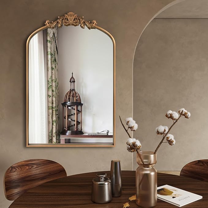 Antique Gold Arched Baroque Mirror 24x36 - Brass Finish Metal Frame, Intricately Carved Vertical Wall Mirror for Entryway, Living Room, Bathroom Vanity & Dining Room