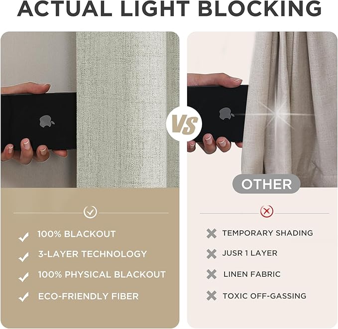 Joydeco 100% Blackout Curtains for Bedroom - Natural Linen Curtains 100" W x 90" L Long, Thermal Insulated 1 Panels Light Beige. Room Darkening Light Blocking Drapes for Living Room