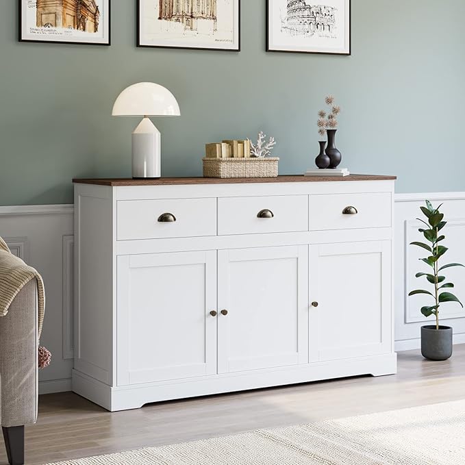 Keyluv White Buffet Cabinet Storage Sideboard Farmhouse Server Bar Wine Cabinet with 3 Drawers & 3 Doors Adjustable Shelves Console Table for Dining Living Room Kitchen Cupboard