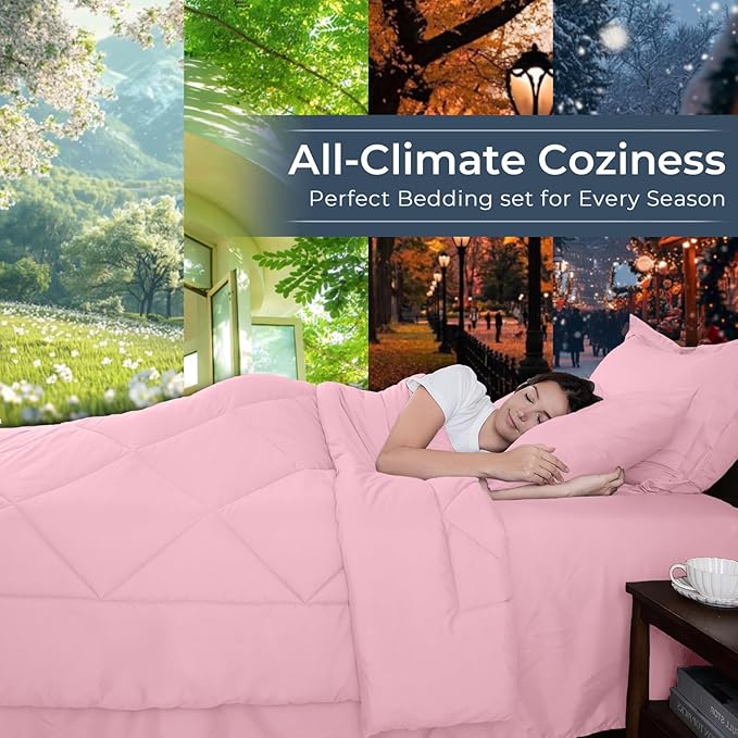 HEVUMYI Pink Queen Comforter Set - 7-Piece All Season Bed in a Bag Queen, Ultra Soft Bedding Set with Comforter, Flat Sheet, Fitted Sheet, Pillowcases, Pillow Shams, Pink