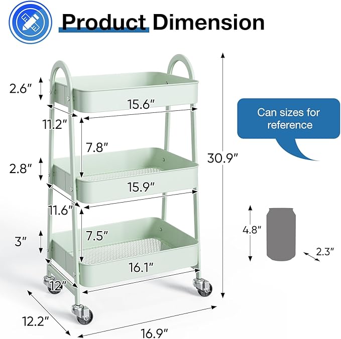 OLIXIS 3 Tier Utility Rolling Cart with Lockable Caster Wheels, Metal Mobile Storage Shelf, Organization for Livingroom, Bathroom, Kitchen, & Narrow Places, Light Green