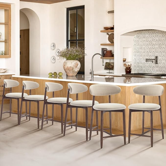 Upholstered Counter Height Bar Stools Set of 6, Kitchen Island Stools with Back, Modern Counter Stools Island Bar Chairs with Wood Legs for Kitchen Island Dining Room Bar, Beige