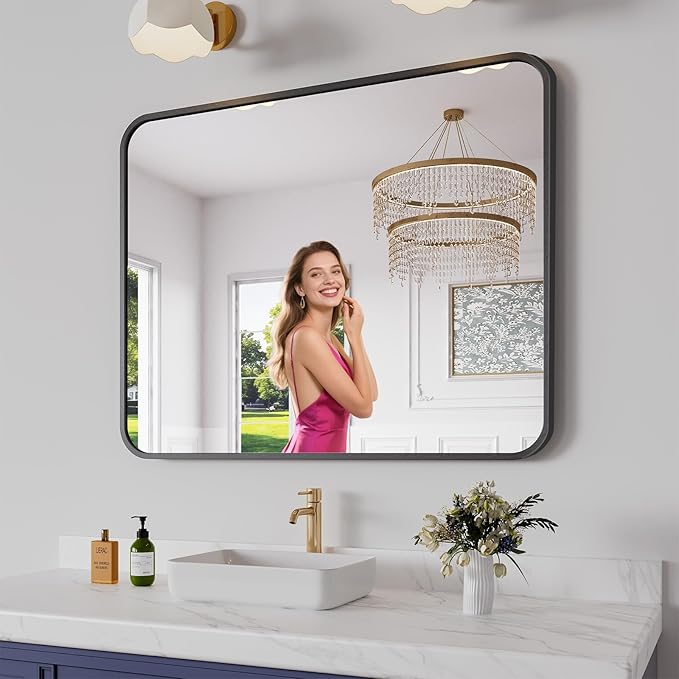 Koonmi Bathroom Mirror, 32X40 Inch Black Metal Framed Mirror for Bathroom, Tempered Glass, Anti-Rust, Rounded Rectangle Mirror for Restroom, Bedroom, Black