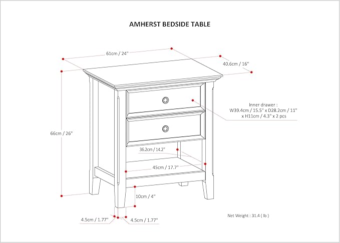 SIMPLIHOME Amherst SOLID WOOD 24 inch Wide Transitional Bedside Nightstand Table in White, for the Living Room and Bedroom