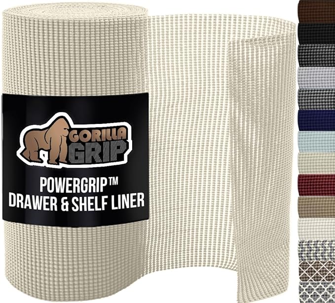 GORILLA GRIP powerGRIP Drawer Shelf and Cabinet Liner, Thick Strong Hold, Non-Adhesive Liners Protect Kitchen Cabinets and Cupboard, Bathroom Drawers, Easy Install, Breathable Mat, 20" x10', Cream