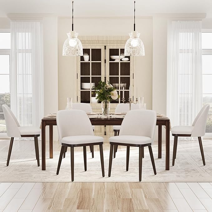 COLAMY Upholstered Dining Chairs Set of 6, Modern Kitchen Chairs with Back, Fabric Side Chair with Wood Legs for Dining Room Kitchen Restaurant, Beige