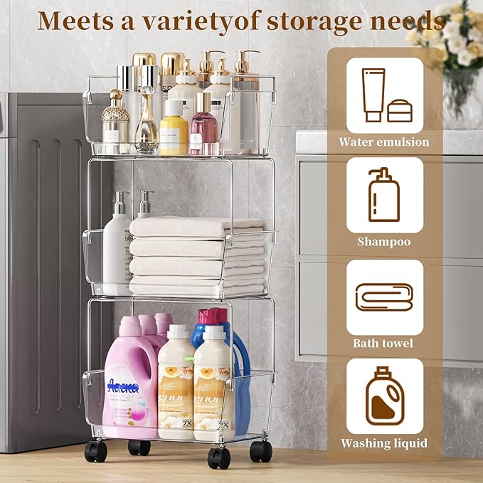 YCIA&DONE 3 Tier Rolling Cart, Storage Shelf Organizer with Lockable Caster Wheels,Transparent Slim Storage Cart for Bathroom, Laundry,Cosmetics