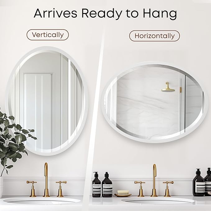 OVALCREST - Oval Wooden Beveled Wall Mirror for Home Decor, Bathroom, Vanity, Bedroom, Living Room, Hallway - London Style (Linen White) 17.1 x 21.1