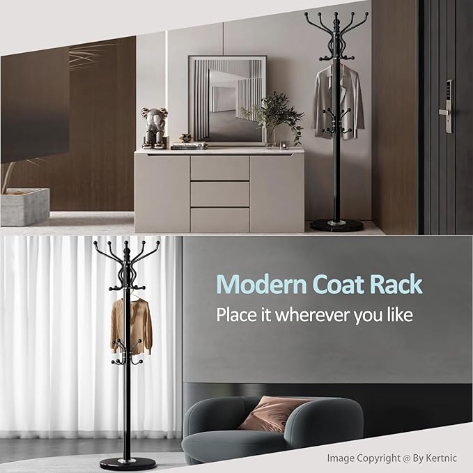 Kertnic Freestanding Coat Rack with 18 Hooks & Marble Base - Heavy Duty Metal Hall Tree Stand for Entryway, Hats, Coats, Bags Rack- Modern Hanger Organizer for Home, Office, Dorm (18 hooks -Black)