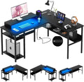 Unikito Reversible L Shaped Desk with Magic Power Outlets and Smart LED Light, Sturdy Corner Computer Desk with Monitor Stand & Storage Shelves, Gaming Table Home Office Desk, Easy Assembly, Black
