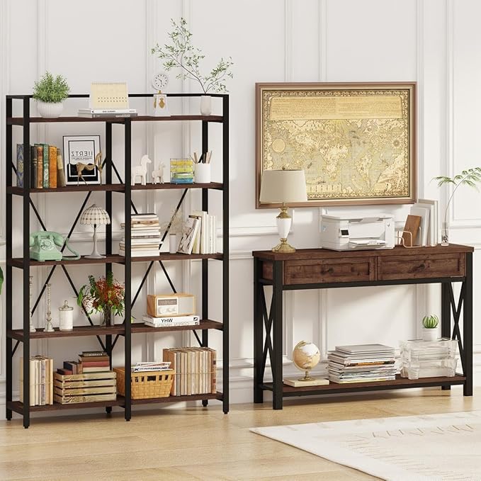 BON AUGURE Console Table with 2 Drawers, Entryway Tables with Storage, Sofa Table Behind Couch for Living Room, Farmhouse Entry Tables for Hallway, Foyer, Front Door (Rustic Oak, 47 Inch)