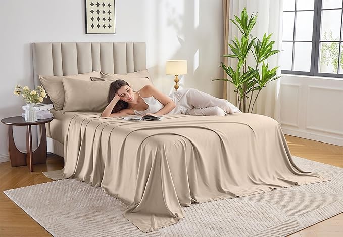 Pure Bamboo Twin Sheets, Genuine 100% Organic Viscose Derived from Bamboo Bed Sheet Set, Luxuriously Soft & Cooling, Double Stitching, Lifetime Quality Promise (Twin, Almond)