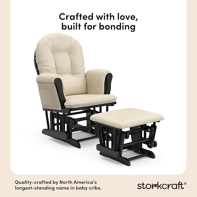 Storkcraft Premium Hoop Glider & Ottoman (Black with Beige) — GREENGUARD Gold Certified, Solid Wood Craftsmanship, Convenient Storage Pockets, Smooth-Gliding Chair for Nursery, Multi-Award-Winning