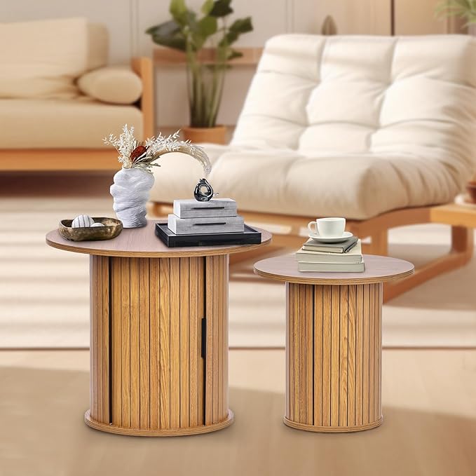 Modern Walnut End Table with Storage - Fluted Design Living Room Accent Table, Tall Bedside Nightstand & Sofa Side Table for Small Spaces, Dark Wood Finish (23.6" Wide, Natural)