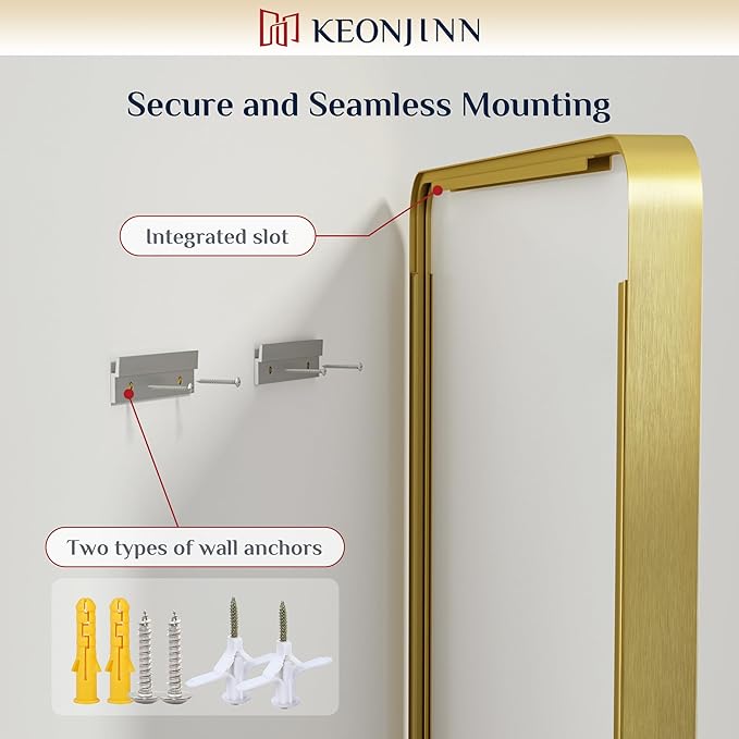 Keonjinn Gold Bathroom Mirrors for Over Sink 24 x 36 Inch Brushed Brass Metal Framed Mirror, Rounded Rectangle Bathroom Vanity Mirror, HD Tempered Glass Modern Mirror for Wall(Horizontal/Vertical)