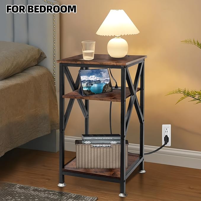 End Table with Charging Station, End Tables Living Room Set of 2 Farmhouse, 12" D x 16" W x 28" H, 28 inch Tall Side Tables, Rustic Wood End Tables, Couch Side Tables Set of 2