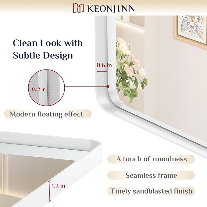 Keonjinn Matte White Bathroom Mirrors for Over Sink 40 x 30 Inch Large Rounded Rectangle Bathroom Mirror for Wall, Seamless Metal Frame Farmhouse Mirror, HD Tempered Glass(Horizontal/Vertical)