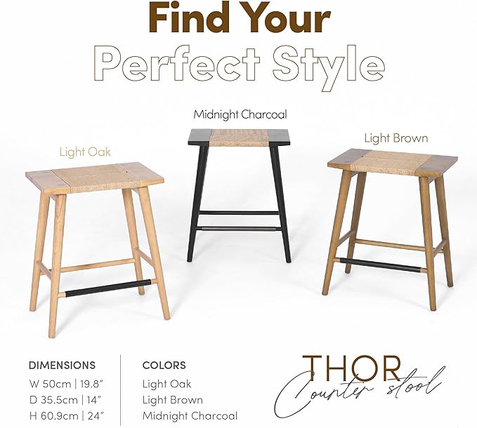 Thor Wicker Counter Height Wooden Counter Stool with Hand-Knitted Rope, K/D, Backless Island 24" Wicker Stool for Kitchen, Light Oak, Solid Wood, Eco-Friendly, Modern Design (Light Oak)