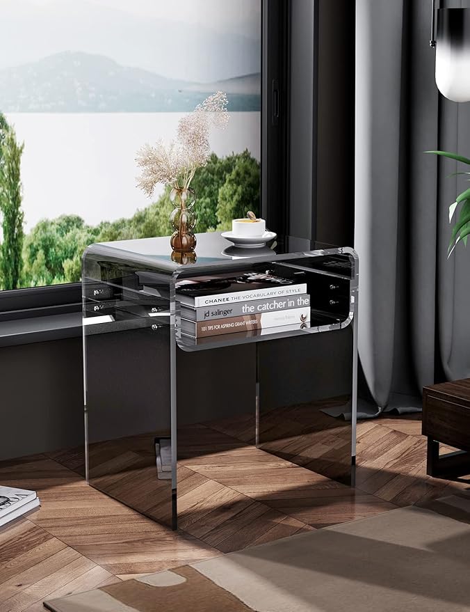 Clear Acrylic End Table 2-Tier Bedside Nightstand for Living Room Bedroom Home Decor (Black)