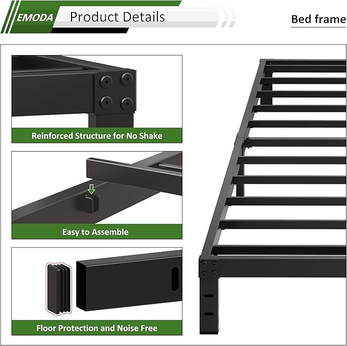 EMODA 10 Inch Full Size Bed Frame Heavy Duty Metal Platform No Box Spring Needed, Easy Assembly Noise Free, Black